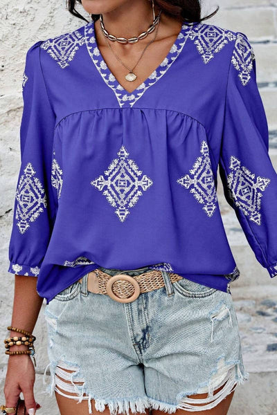 Summer Print 3/4 Sleeve V-Neck Top Pink
