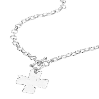 Hammered Metal Cross Pendant Chunky Chain Necklace
