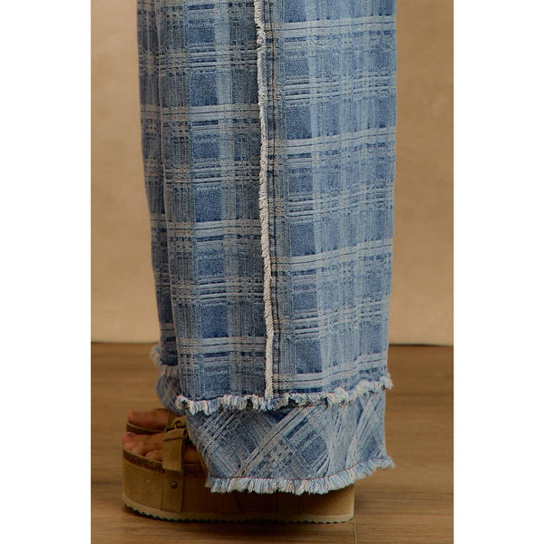 Frayed Plaid Wide Leg Jeans W/Pockets