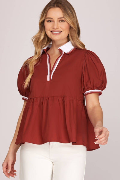 Short Sleeve Rib Band Collar Woven Top