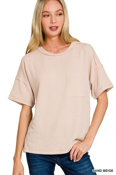 Raised Rib Exposed Seam Short Sleeve Top