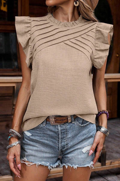 Ruffle Sleeve Pleated Top Green