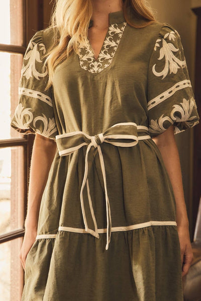 Olive Embroidered Tiered Mini Dress