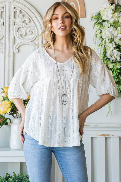 Eyelet Embroidered V-Neck Puff Sleeve Black