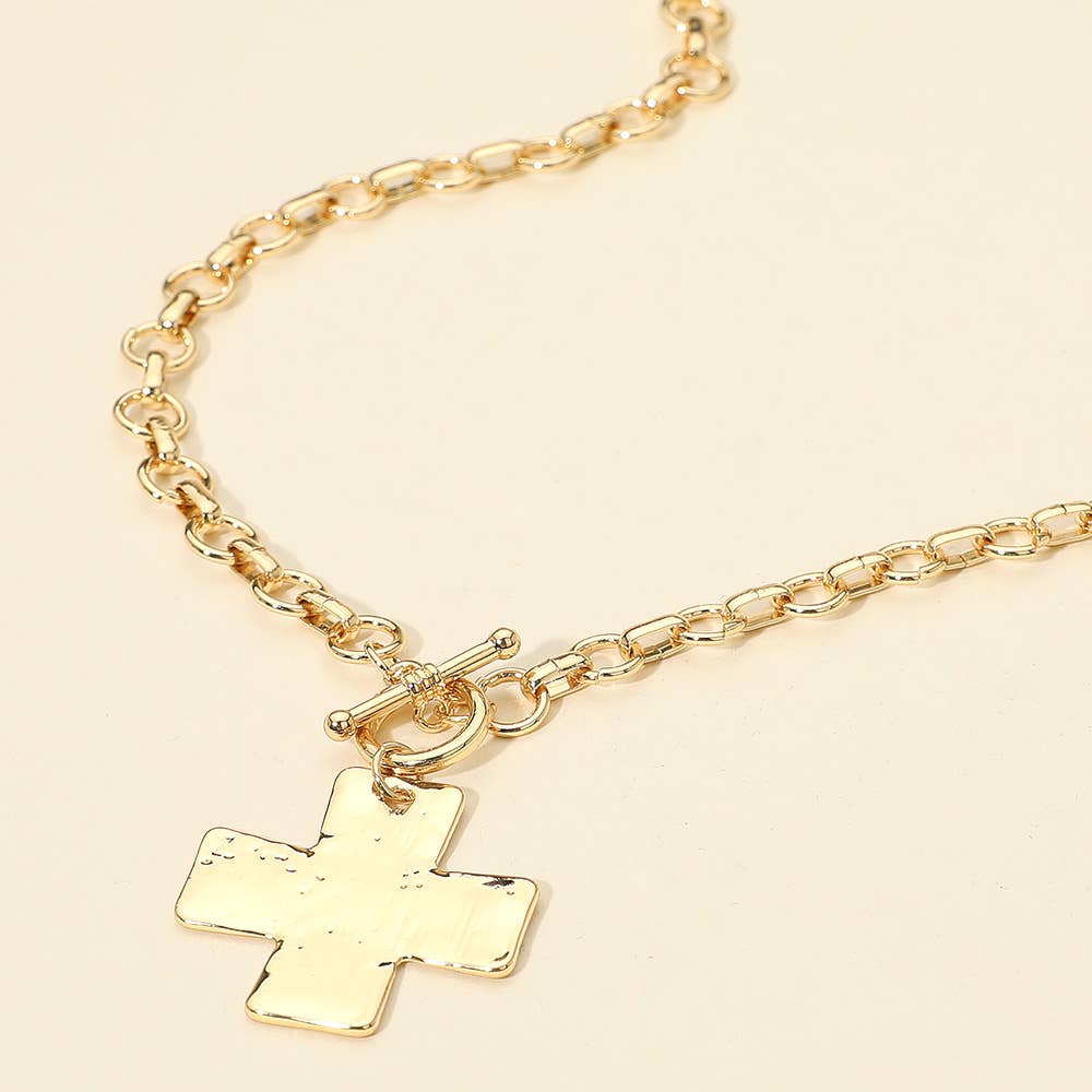 Hammered Metal Cross Pendant Chunky Chain Necklace