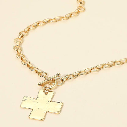 Hammered Metal Cross Pendant Chunky Chain Necklace
