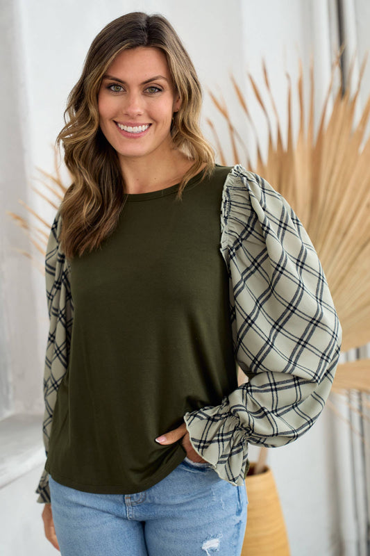 Olive Check Top