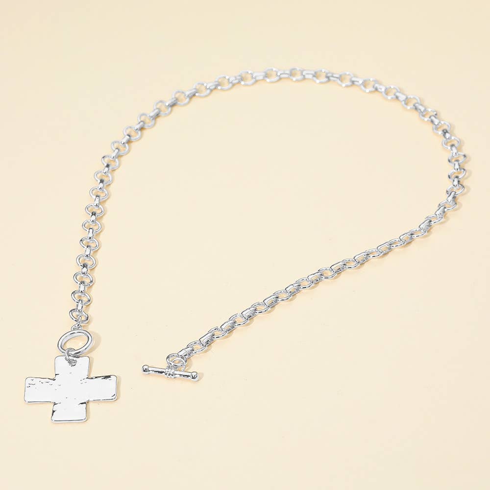 Hammered Metal Cross Pendant Chunky Chain Necklace