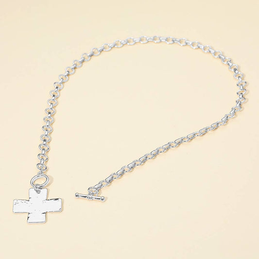 Hammered Metal Cross Pendant Chunky Chain Necklace