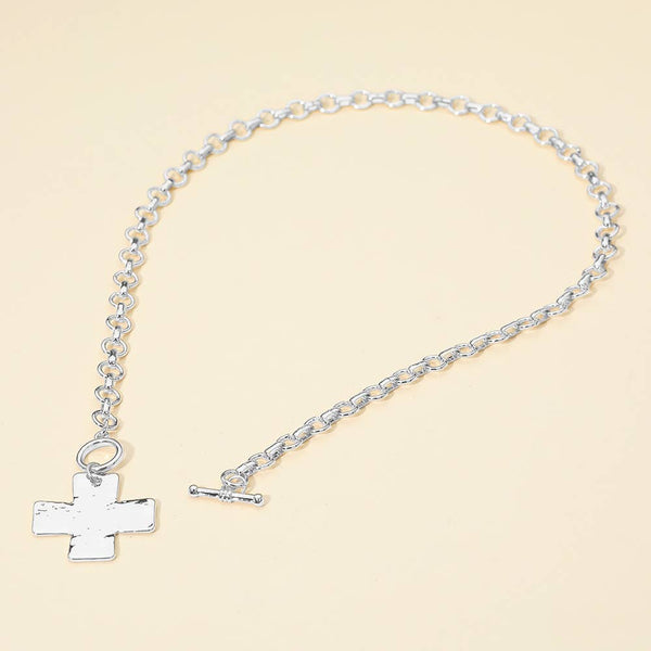 Hammered Metal Cross Pendant Chunky Chain Necklace