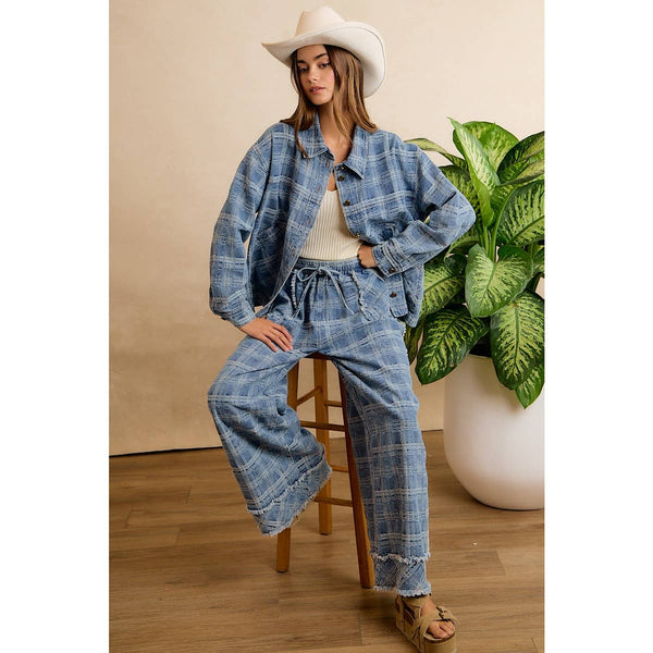Frayed Plaid Wide Leg Jeans W/Pockets