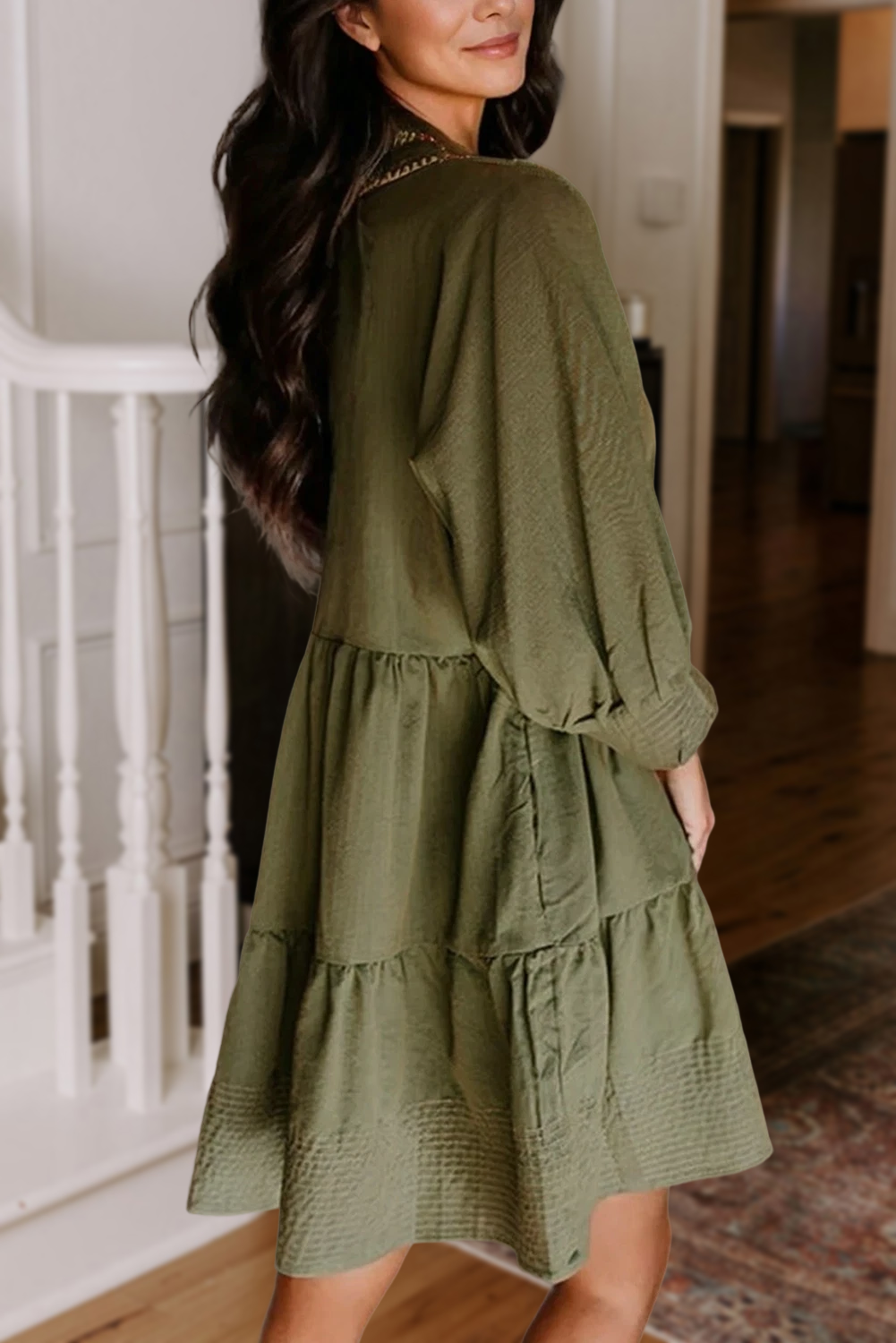 Olive Stitched Tiered Dress
