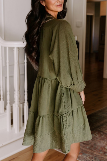 Olive Stitched Tiered Dress