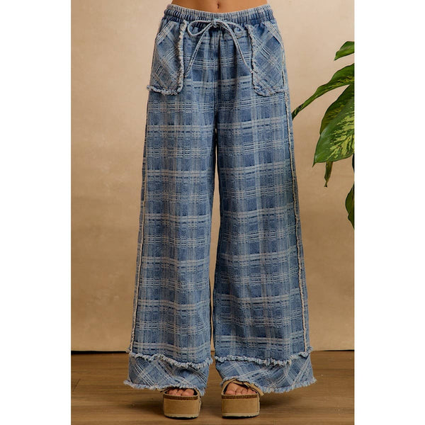 Frayed Plaid Wide Leg Jeans W/Pockets
