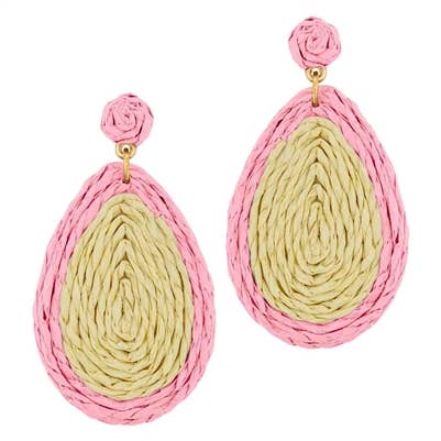 Pink and Tan Rattan Teardrop 2" Earring