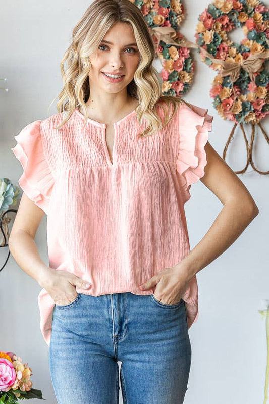 Peach Crinkle Smocked Top