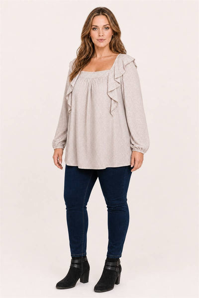 Taupe Waffle Knit Square Neck Ruffle Top