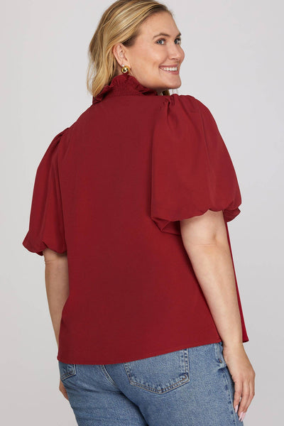 Wine Smocked Neck Bubble Sleeve Top