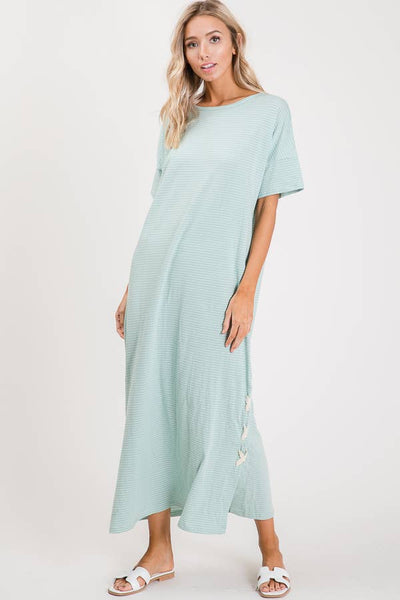 Casual Stripe Lace Up Maxi Dress Mint/Ivory