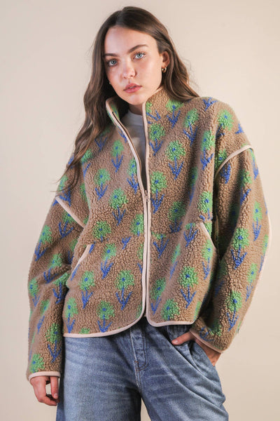 Mocha and Floral Casual Fleece Jacket