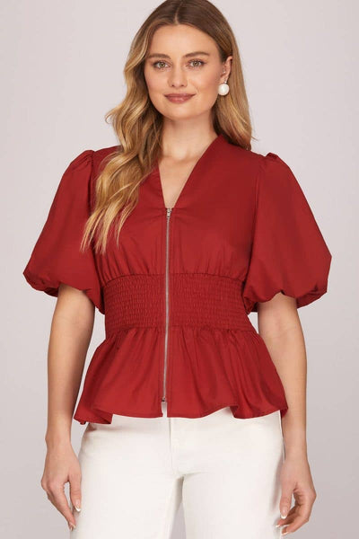 Puff Sleeve Waist Smocking Front Zipper Top