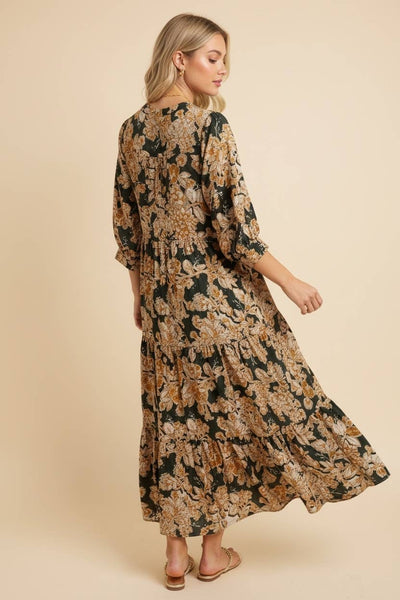 Olive Floral Tiered Ruffle Sleeve Long Dress