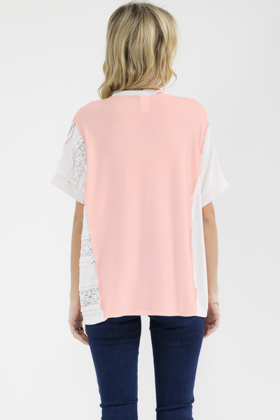 Mixed Media Lace V Neck Top Peach