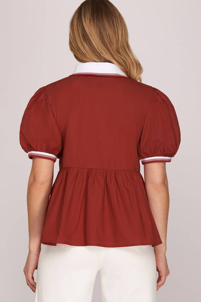 Short Sleeve Rib Band Collar Woven Top