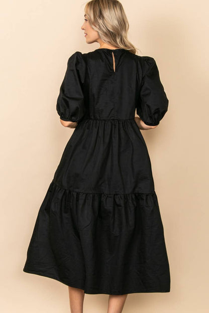 Black Poplin Tiered High-Low Midi Dress*