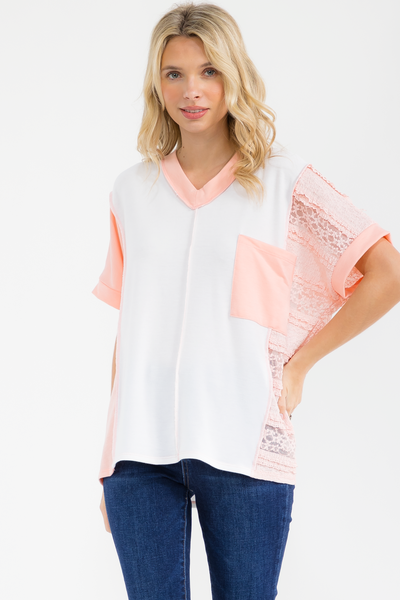Mixed Media Lace V Neck Top Peach