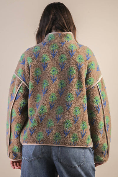Mocha and Floral Casual Fleece Jacket