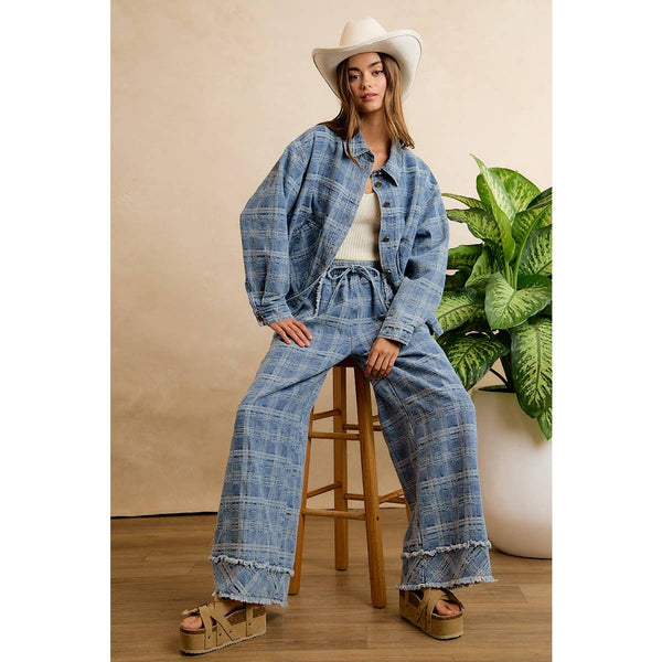 Frayed Plaid Wide Leg Jeans W/Pockets