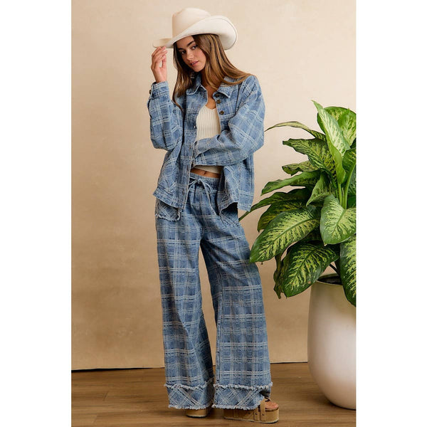 Frayed Plaid Wide Leg Jeans W/Pockets