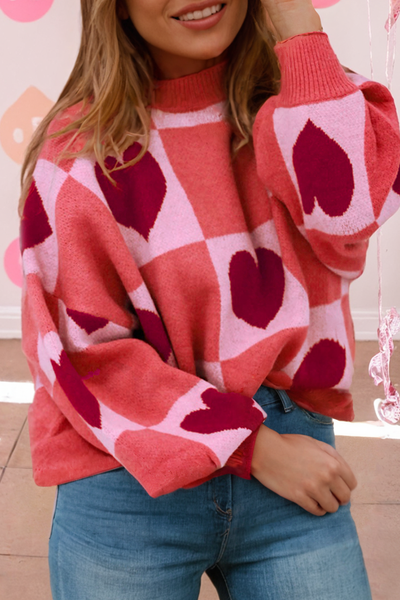 Heart Block Mock Neck Valentine Sweater
