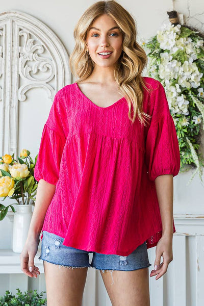 Eyelet Embroidered V-Neck Puff Sleeve Black