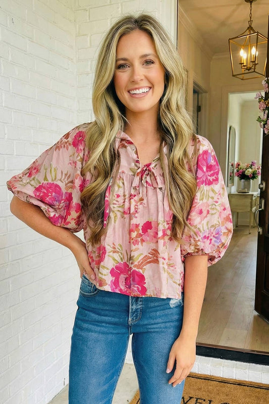 Pink Floral Print Tie Neck Puffy Blouse