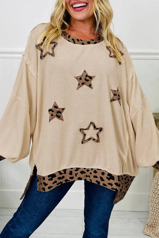 Beige Contrast Leopard Star Patchwork Top