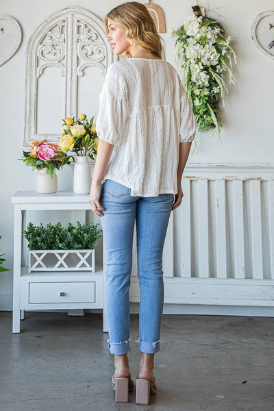 Eyelet Embroidered V-Neck Puff Sleeve Black