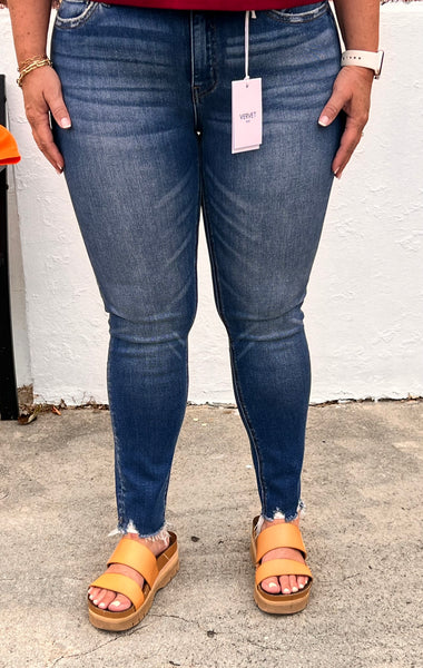 Vervet Mid Rise Distressed Hem Skinny Jeans