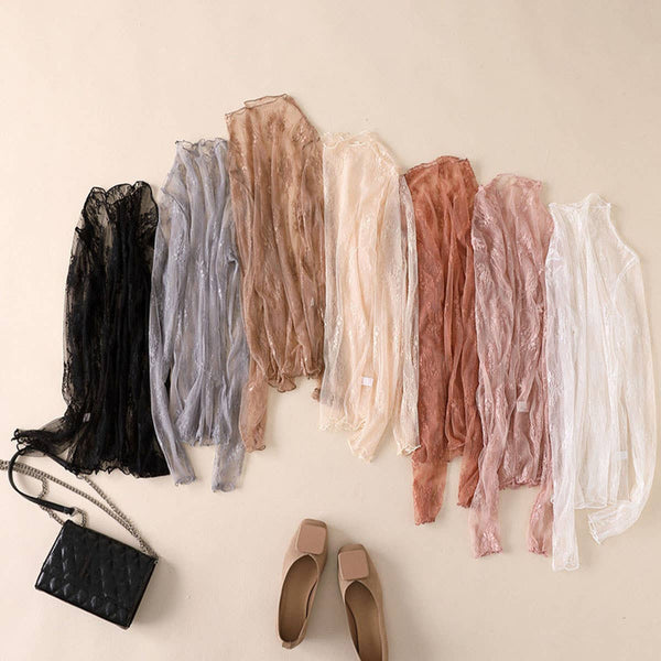 Sheer Lace Mesh Long Sleeve Top Caramel