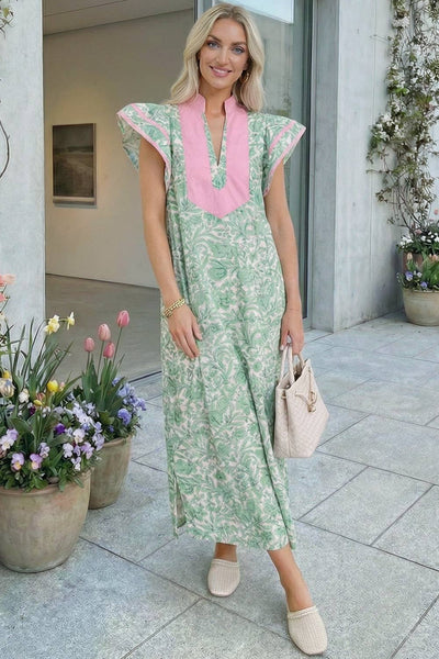 Contrast Trim Flutter Sleeve Floral Dress