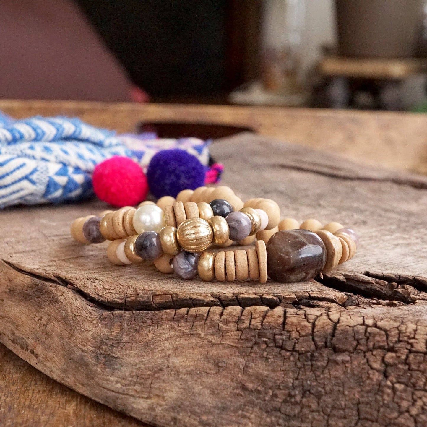 Purple Neutral Chunky Beaded Bracelets Set