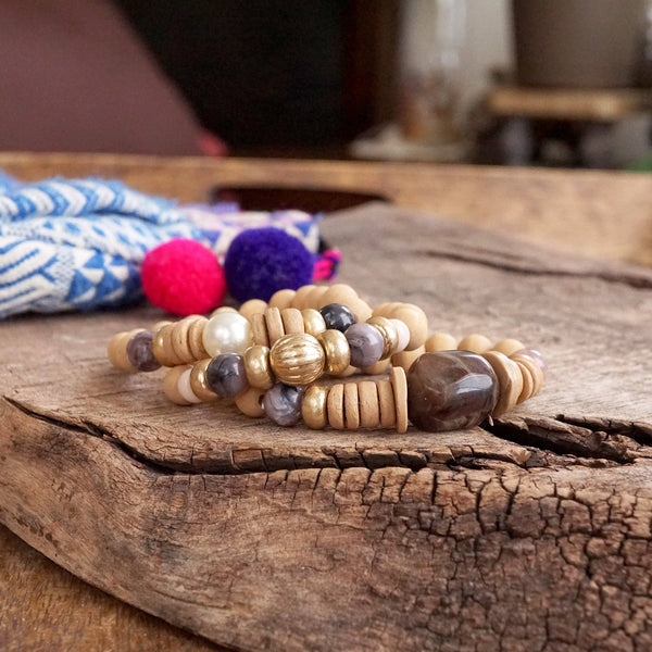 Purple Neutral Chunky Beaded Bracelets Set