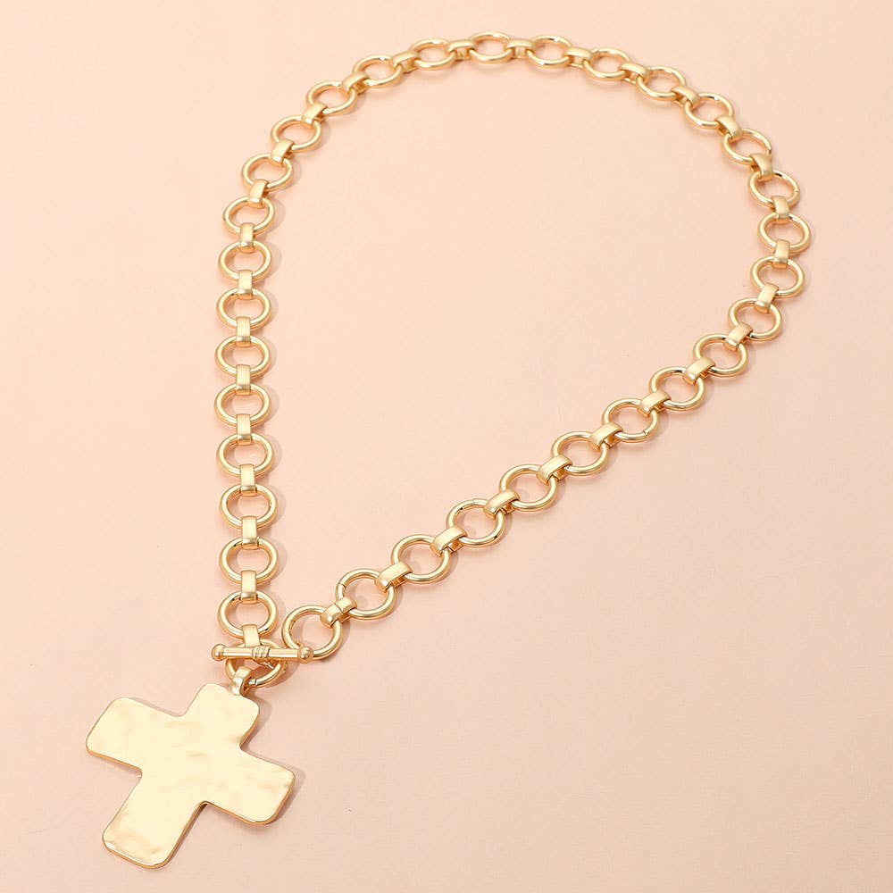 Hammered Cross Pendant Chunky Necklace