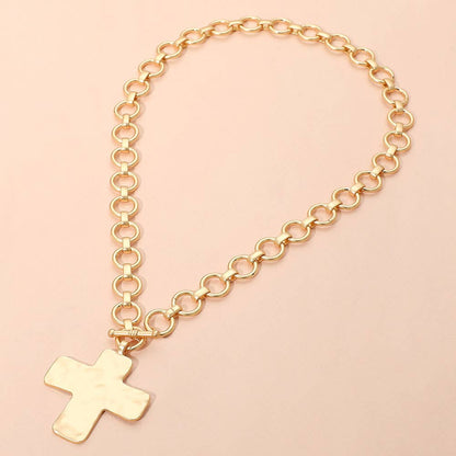 Hammered Cross Pendant Chunky Necklace