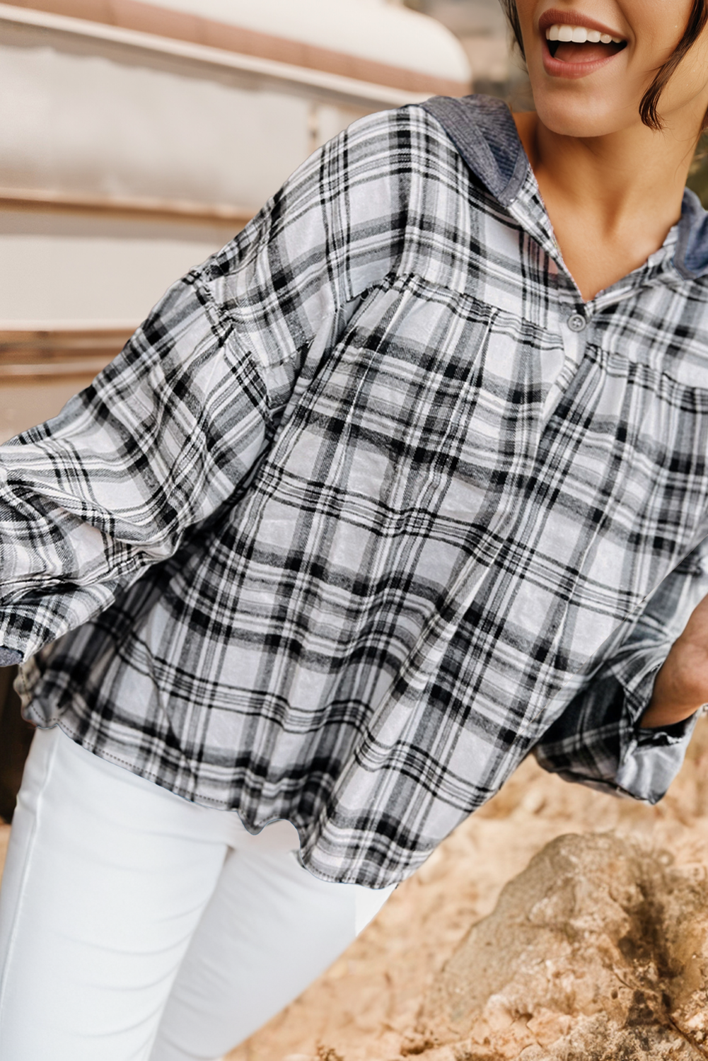 Plaid Patchwork Hooded Top