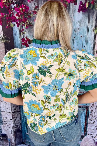 Blue Vneck Floral Blouse