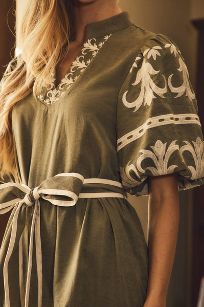 Olive Embroidered Tiered Mini Dress