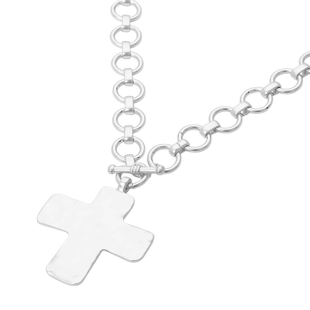 Hammered Cross Pendant Chunky Necklace