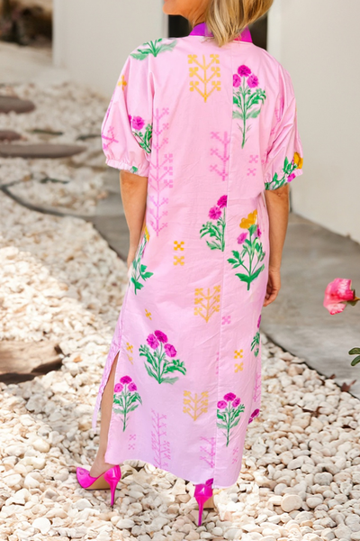 Pink Floral V Neck Dress